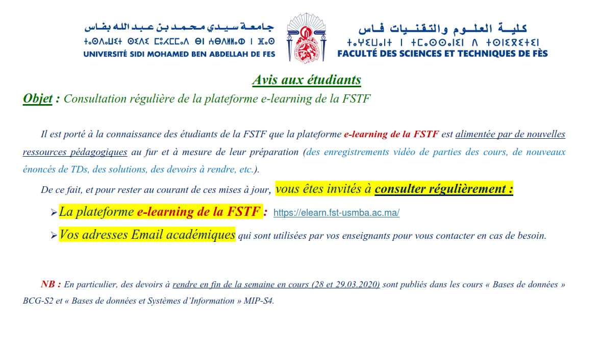 Avis - Consultation régulière de la plateforme e-learning de la FSTF